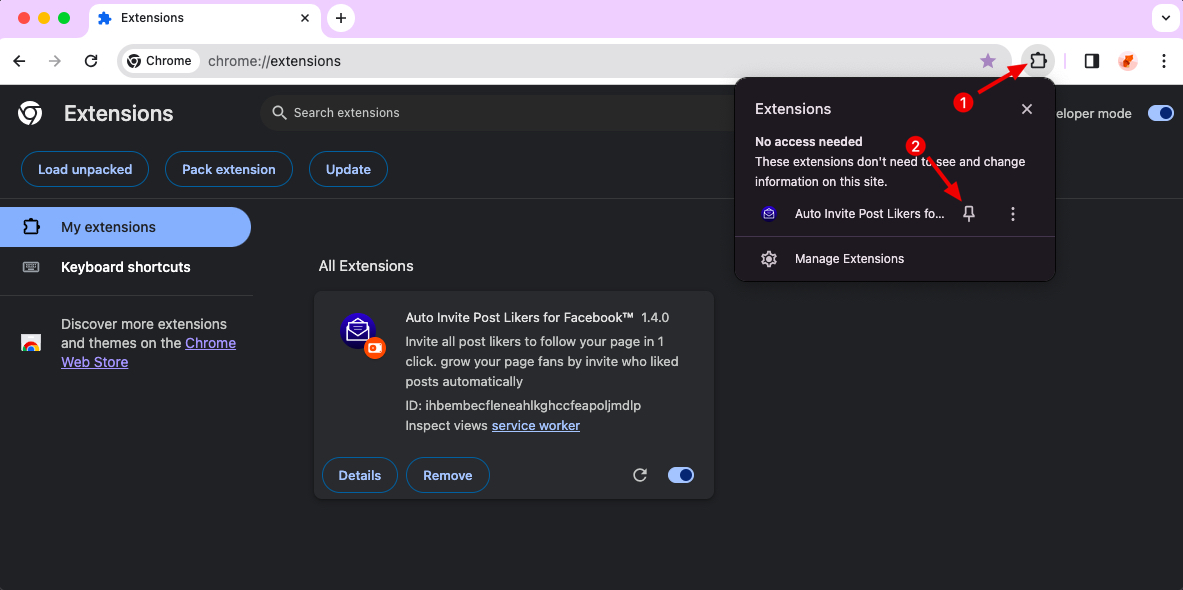 FB Post Likers Inviter chrome extension install pin